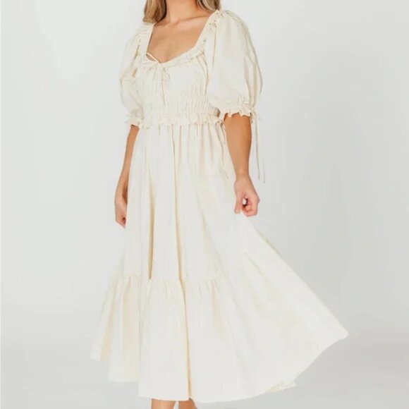 NEW WORTH COLLECTIVE Crissy 100% Cotton Ruched Midi Dress in Cream Bump Friendly - Picture 4 of 12